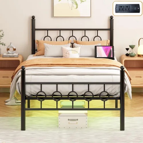 Vista 9 de Jenmit Bases de cama individuales con cabecero, estructura de cama LED con estación de carga, plataforma de metal, almacenamiento bajo la cama,