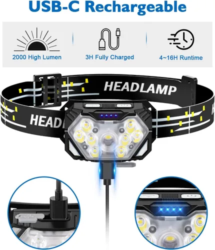 Vista 5 de Linterna frontal ultra brillante de 9 LED de 2000 lúmenes, linterna recargable USB C, 10 modos, lámpara de cabeza con sensor de movimiento