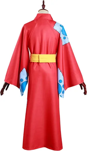 Vista 3 de Wano Luffy - Disfraz de mono D. Luffy Kimono bata roja, trajes Wano Country Capa Anime para hombre