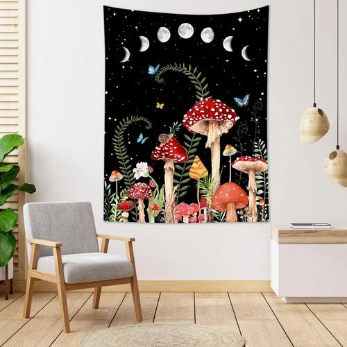 Vista 3 de HVEST Tapiz de hongos para colgar en la pared, tapiz bohemio de plantas y mariposas, noche con fase lunar y estrella, decoración de pared