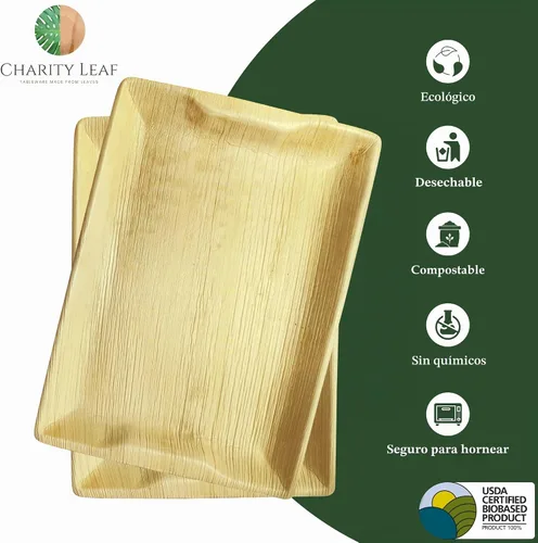 Vista 2 de Charity Leaf Bandejas desechables de hoja de palma de 14" x 10" (10 piezas) Platos para servir tipo bambú, tablas desechables, vajilla ecológica
