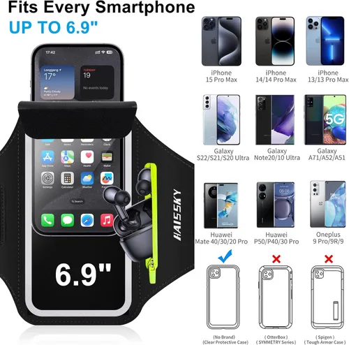 Vista 4 de Brazalete para teléfono celular con bolsillo con cremallera, soporte para iPhone 16 Pro Max/15/14 Pro Max/13/12/11 Pro Max/XS/XR, Galaxy S20 S10