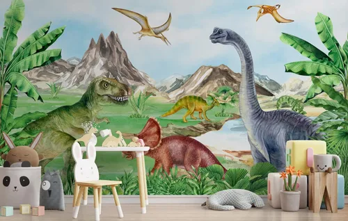 Vista 2 de Murwall Kids Soft Dinosaur Wallpaper Jurassic World Wall Mural Prehistoric Trex Wallpaper