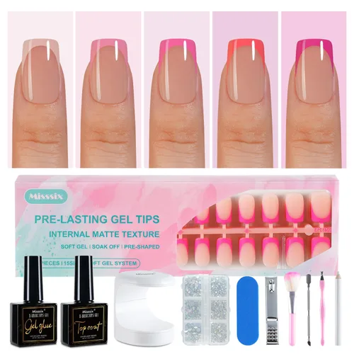 Vista 12 de Misssix Uñas postizas a presión con punta francesa, 150 piezas de puntas de uñas de gel francés, uñas postizas de gel suave de almendra media, kit