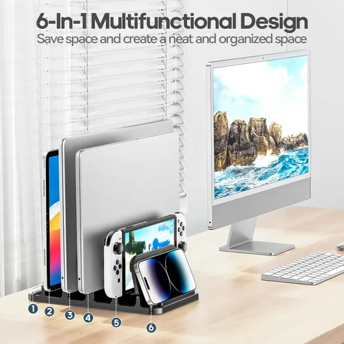 Vista 2 de KDD Soporte vertical para portátil de 4 ranuras con bloqueo por gravedad y almohadilla de escritorio y organizador magnético para oficina y hogar