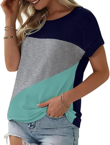 Vista 2 de Camiseta casual de verano de manga corta con bloques de color para mujer