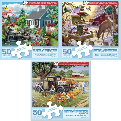 Vista 2 de Bits and Pieces – Juego de valor de tres rompecabezas de 50 piezas para adultos – Paisaje de ensueño, Cultivado en Casa, Banquete del amanecer