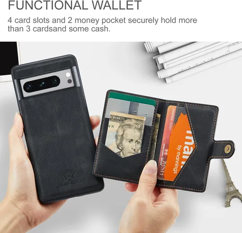 Vista 4 de Funda para Google Pixel 8 Pro 2023, cartera magnética desmontable con ranura para efectivo, soporte de carga inalámbrica con función de soporte Negro