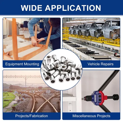 Vista 6 de WORKPRO 50 tuercas de remache, tuerca remachable de acero inoxidable de 1/4"-20, cabeza plana roscada con cuerpo moleteado
