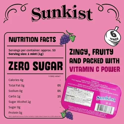 Vista 2 de Sunkist Sours Grapeade, vitamina C, caramelo agrio sin azúcar, lata de 1.76 onzas, bandeja de 6