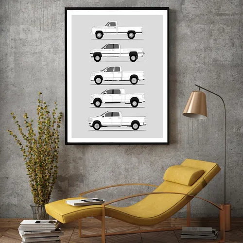 Vista 4 de Idea Network Póster hecho a mano compatible con Dodge 3500, arte de pared hecho a mano, decoración de Dodge Ram 3500 D-350 Generations History