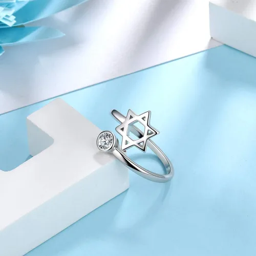 Vista 3 de Jewmon Anillo de plata de ley con estrella de David para mujer – Anillo ajustable Magen David – Amuleto Wicca – Regalos judíos