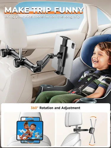 Vista 6 de Tryone Soporte para tablet para reposacabezas para accesorios de automóvil: [brazo de 18.11 pulgadas de largo] Soporte 3 en 1 para tableta