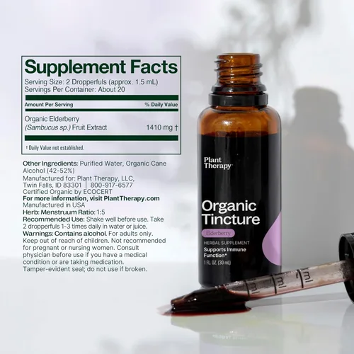 Vista 3 de Plant Therapy Suplemento de hierbas de saúco orgánico tintura de 1.0 fl oz (1 oz), apoyo inmunológico, ayuda a calmar las molestias nasales