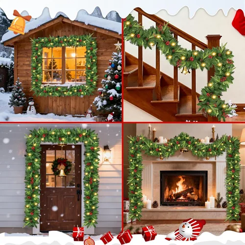 Vista 7 de [Usado] Guirnalda de Navidad, Guirnalda de Navidad Preencendida de 9 pies con Luces, Funciona con Baterías con Piñas y Bayas Rojas, Vegetación