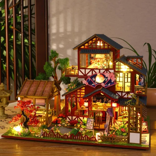 Vista 9 de Kit de casa en miniatura, pequeño restaurante japonés Sakura de madera 3D, kit de construcción de mini casa de muñecas con cubierta a prueba