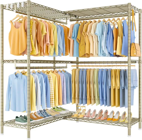 Vista 19 de ULIFHOME E15 - Perchero en forma de L para esquina, perchero independiente para colgar ropa, organizador de armario resistente con 4 varillas