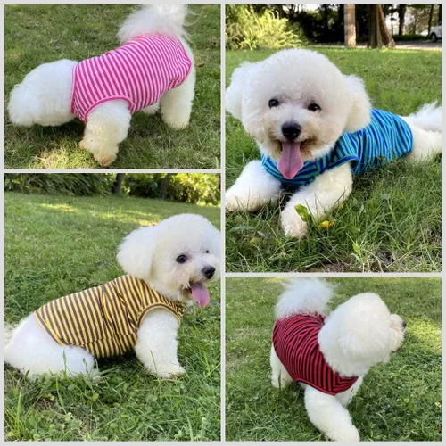 Vista 3 de Camisas para perros Camisetas de algodón a rayas, chaleco básico transpirable Camiseta elástica sin mangas para cachorros y gatos, algodón