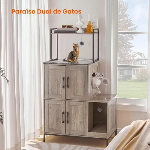 Vista 3 de HOOBRO Mueble para Caja de Arena para Gatos, Mueble Oculto para Caja de Arena 2 en 1 con Estante, Gabinete Doble para Caja de Arena con 2 Pelotas