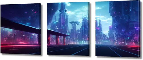 Vista 59 de Cuadros de 3 paneles de Cyberpunk City - Arte de pared de vallas publicitarias de edificios modernos en la capital con obras de arte modernas