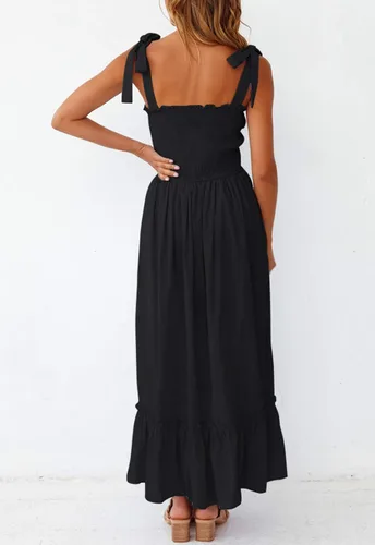 Vista 5 de ZESICA vestido bohemio y liso de verano para mujer acampanado con tirantes delgados cuello cuadrado y volantes vestido largo para la playa