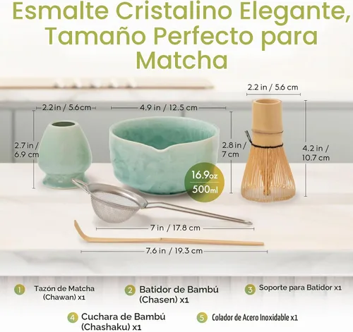 Vista 2 de HIBINO Juego Matcha Kit de matcha japonés de 5 piezas, Crystal Shell Cáscara de cristal verde 5pc