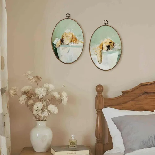 Vista 4 de LKETW Divertida decoración ovalada de pared de baño Golden Retriever, regalos de Golden Retriever, decoración ovalada para colgar en lienzo