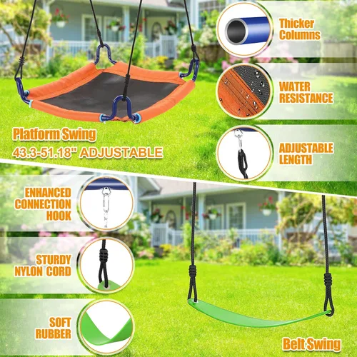 Vista 5 de Juego de columpios para patio trasero, juego de columpio de 550 libras con soporte de metal resistente con marco en A, juego de columpios 6 en 1