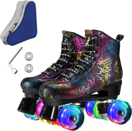 Vista 7 de Patines de ruedas para hombres y mujeres, patines Derby negros con 4 ruedas brillantes, patines clásicos de doble fila para interiores y exteriores
