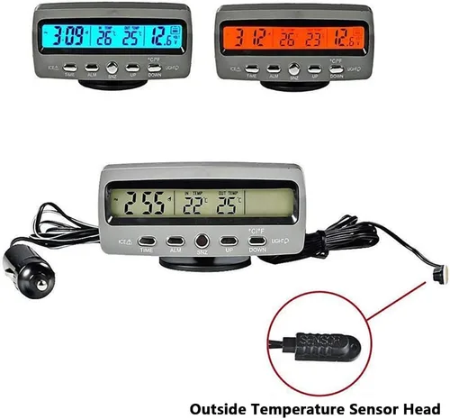 Vista 6 de Riloer Termómetro digital inteligente multifuncional para automóvil, termómetro exterior Fahrenheit Celsius pantalla LCD dual con retroiluminación