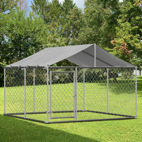 Vista 9 de Perrera grande para perros al aire libre, recinto de acero galvanizado resistente con cubierta impermeable resistente a los rayos UV, cadena