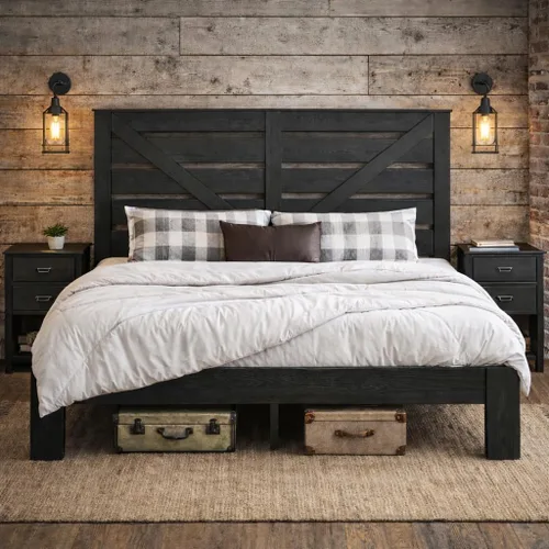 Vista 9 de Base de cama de tamaño matrimonial con cabecero, plataforma de estilo granja con luces LED, carga USB, sin somier, fácil montaje, marco de cama