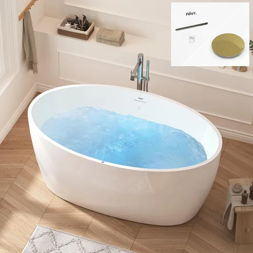 Vista 37 de FerdY Tahití - Bañera de acrílico independiente de 55 pulgadas, elegante bañera de remojo de forma ovalada, blanco brillante, drenaje dorado