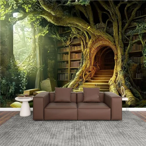 Vista 11 de Murales modernos para papel pintado 3D petrificado árbol arroyo ambiente antiguo oculto estantería abierta libro abierto despegar y pegar