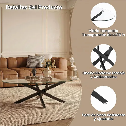 Vista 4 de Henf Oval Glass Coffee Table, 39.4'' Transparent Top, Black Metal Legs