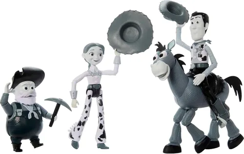 Vista 3 de Mattel Disney y Pixar Set de Toy Story con 4 Figuras de Acción, Paquete de Rodeo Blanco y Negro de Woody con Woody, Jessie, Bullseye y Pete