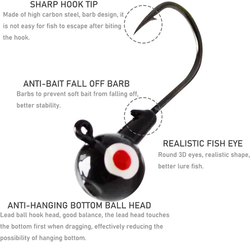 Vista 3 de Ganchos para cabeza de plantilla de pesca con ojos 3D, plantilla de cabeza de bola colorida, ganchos afilados para pesca de gusanos, señuelos