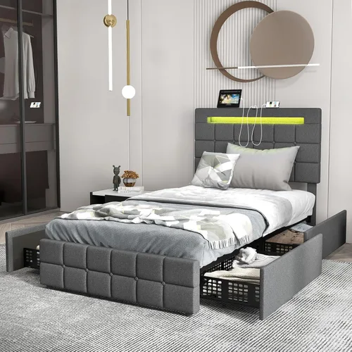 Vista 4 de KOMFOTT Base de cama individual con estación de carga y luces LED, base de cama de plataforma tapizada con cabecera ajustable y 4 cajones