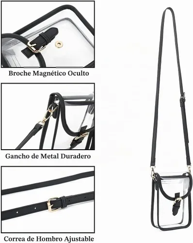 Vista 3 de FAIME Pequeña bolsa transparente aprobada para estadios, bolsa cruzada transparente para teléfono celular con correa ajustable para conciertos Negro