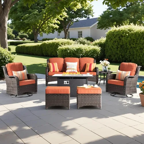 Vista 29 de Juego de muebles de exterior para patio, silla y sofá (ratán marrón, beige, 3 piezas)