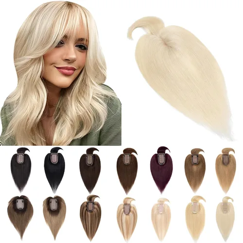 Vista 19 de SEGO Toppers para el cabello para mujer, cabello humano real con flequillo, 2.8 x 5.1 in, base de seda, 100% cabello humano Remy, clip en la parte