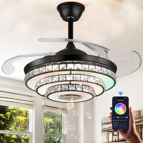 Vista 11 de Ventilador de techo retráctil de 42 pulgadas con luz y control remoto, candelabro negro cristal, moderno, comedor