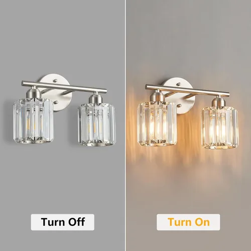 Vista 6 de Moderna lámpara de tocador de cristal de 2 luces, lámpara vertical de baño de níquel cepillado sobre espejo para tocador y lavabo, compatible