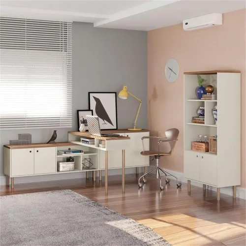 Vista 7 de Manhattan Comfort Windsor - Moderno mueble para TV con estantes multimedia y patas de madera maciza, 53.54 pulgadas, color blanco hueso, naturaleza