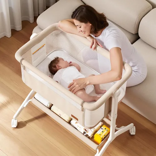 Vista 2 de Cuna para Dormir al Lado de la Cama - Diseño Completamente de Malla, Cuna Portátil al Lado de la Cama para Bebé con Colchón Lavable, 5 Alturas Beige