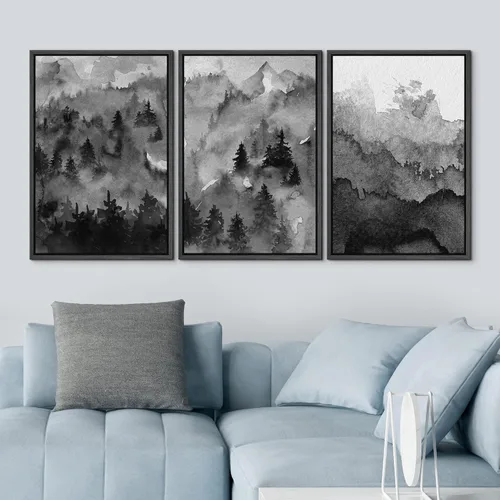 Vista 3 de NWT Lienzo enmarcado para pared, juego de arte en acuarela pastel, bosque de montaña oscura, naturaleza silvestre, ilustraciones de arte moderno