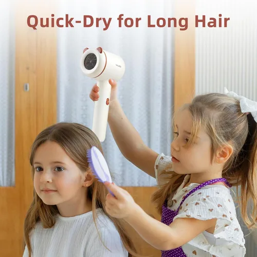 Vista 3 de YALICE Secador de pelo para niños, secador de pelo pequeño de viaje para niños, mini secador iónico silencioso para niños con enchufe de seguridad