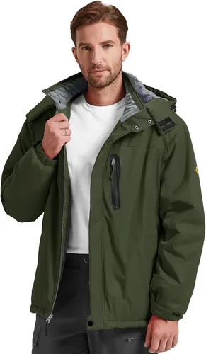 Vista 10 de Chaqueta de esquí para hombre, impermeable, con forro polar cálido, forro de nieve, para montaña, con capucha, resistente al viento, chubasquero
