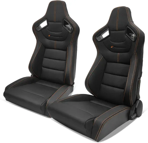 Vista 14 de IKON MOTORSPORTS, Par de asientos universales de carreras con deslizadores dobles, color negro con puntada naranja PU y cuero de carbono