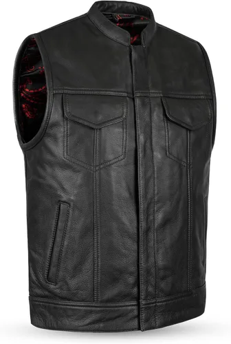 Vista 11 de Leatherick Mens Black Motorcycle Vests - Top Grain Cow Leather SOA Club & Traditional Paisley Satin Liner Leather Biker Vests